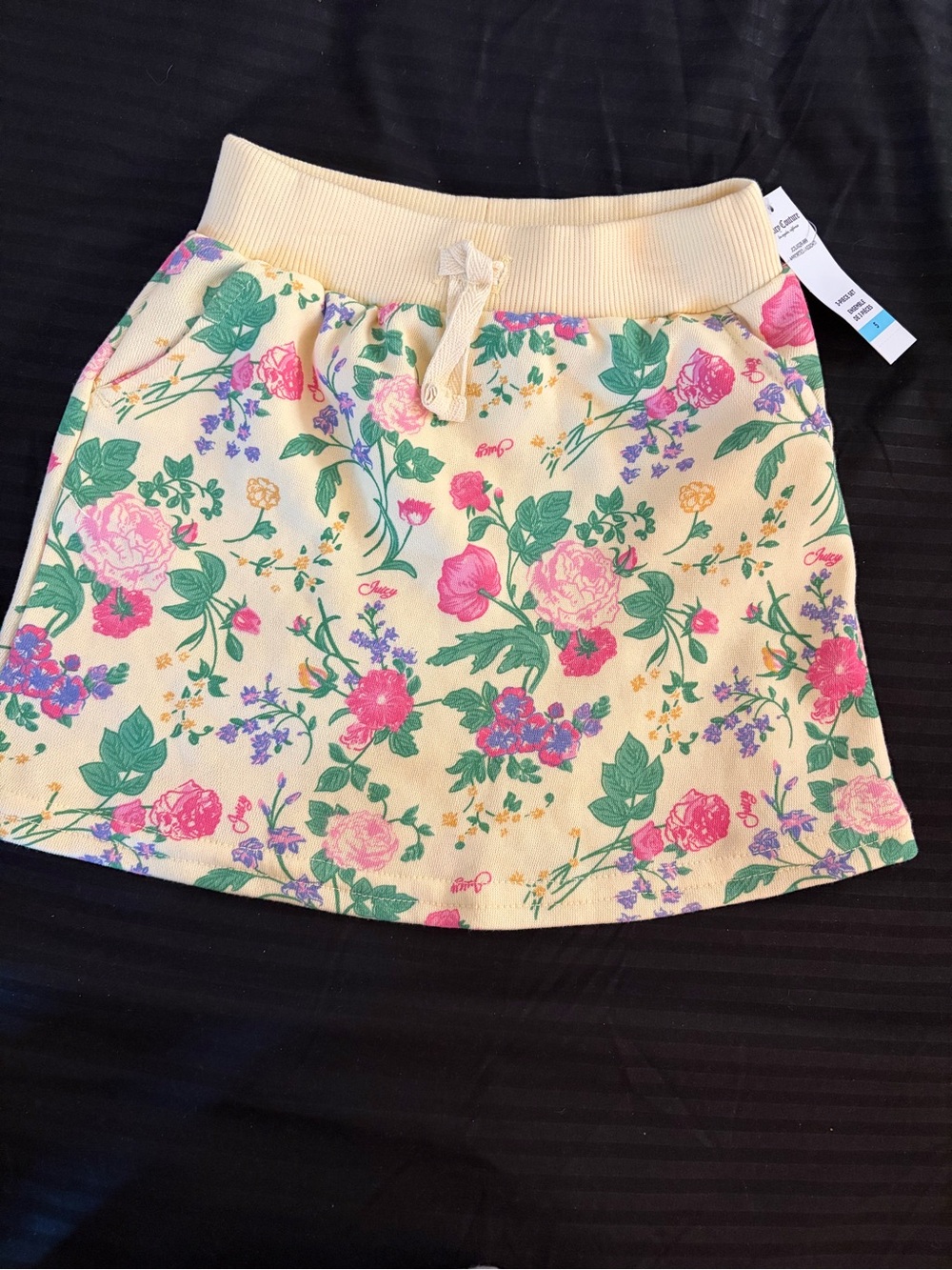 Juicy Couture Cream Floral Drawstring Skirt with Pink & Green Print